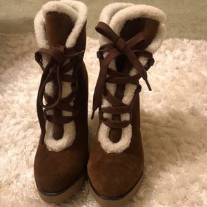 Mia suede chestnut shearling wedge boot 7 1/2